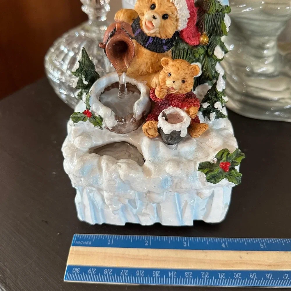 Vtg 90s Christmas Teddy Bear Water Fountain Lighted Tabletop Holiday Decor Retro